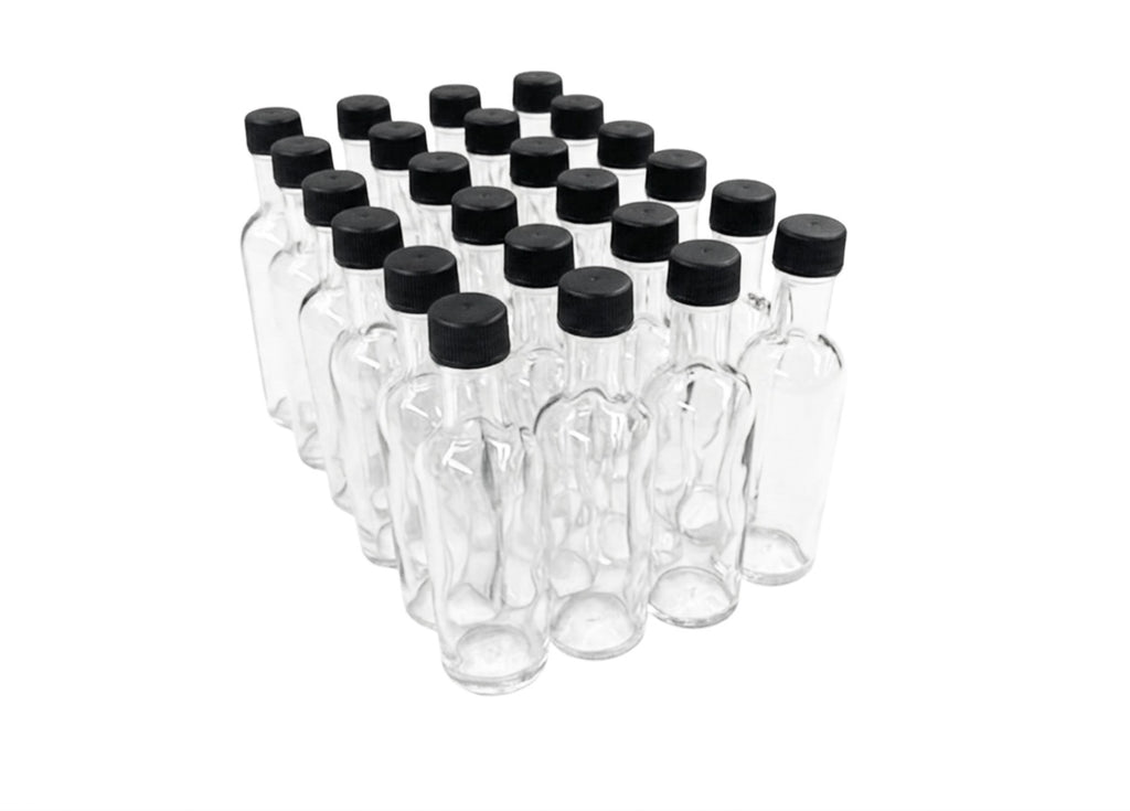 Mini licorera Redonda 50 ml tapa plástica negra , Set de 24 piezas
