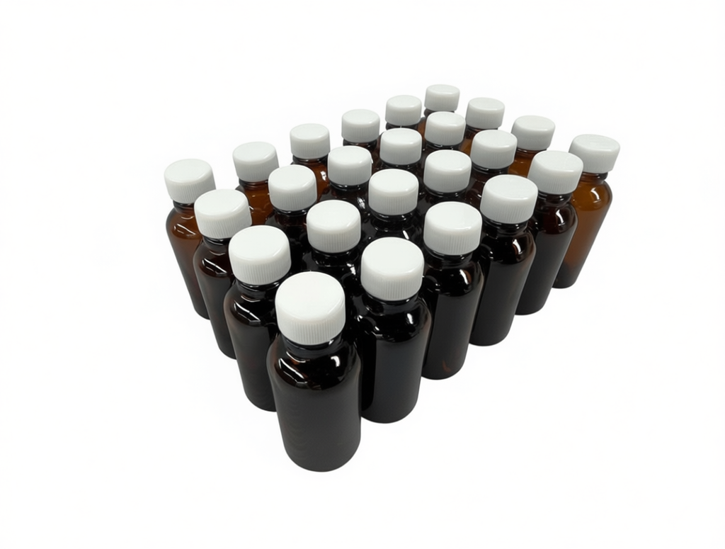 set de 24 frascos multiusos de 50ml. ámbar / 24 tapas de polipropileno color blancas