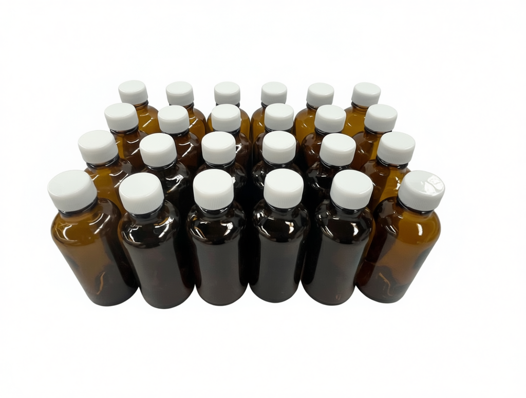 set de 24 frascos multiusos de 50ml. ámbar / 24 tapas de polipropileno color blancas