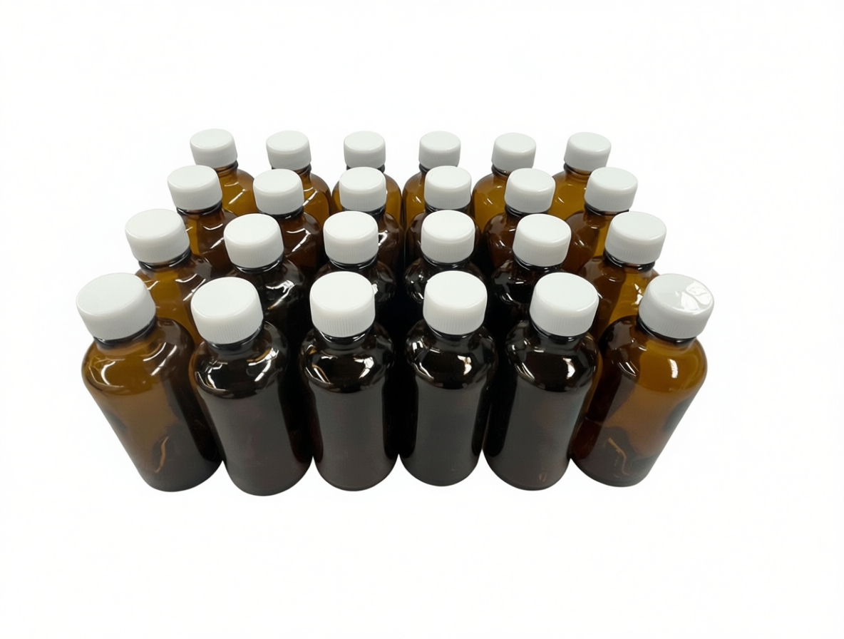 set de 24 frascos multiusos de 50ml. ámbar / 24 tapas de polipropileno color blancas