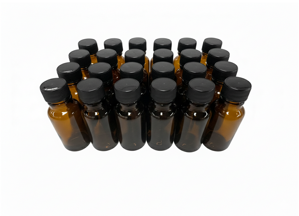 24 frascos multiusos 20ml. color ámbar / 24 tapas de polipropileno color negro