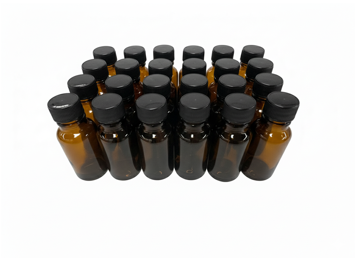 24 frascos multiusos 20ml. color ámbar / 24 tapas de polipropileno color negro