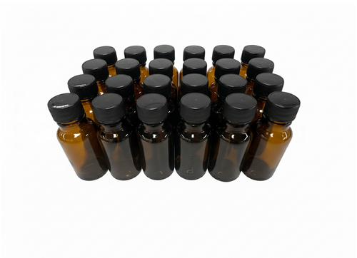 24 frascos multiusos 20ml. color ámbar / 24 tapas de polipropileno color negro