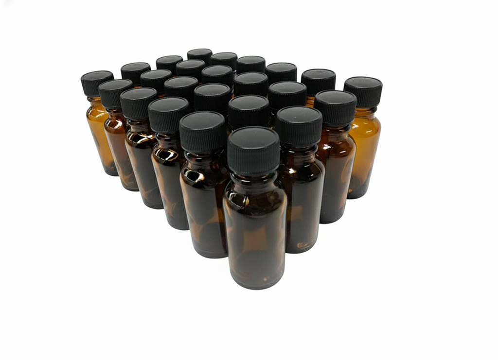 24 frascos multiusos 20ml. color ámbar / 24 tapas de polipropileno color negro