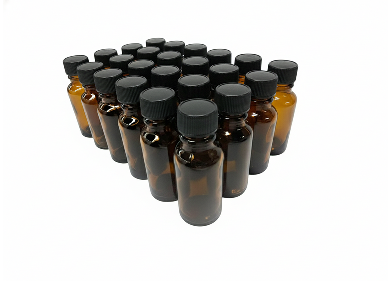 24 frascos multiusos 20ml. color ámbar / 24 tapas de polipropileno color negro