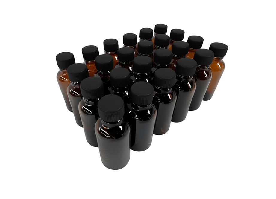 24 frascos multiusos 30ml. color ámbar / 24 tapa roscas 18 polipropileno color negras