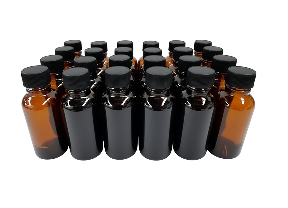 24 frascos multiusos 30ml. color ámbar / 24 tapa roscas 18 polipropileno color negras