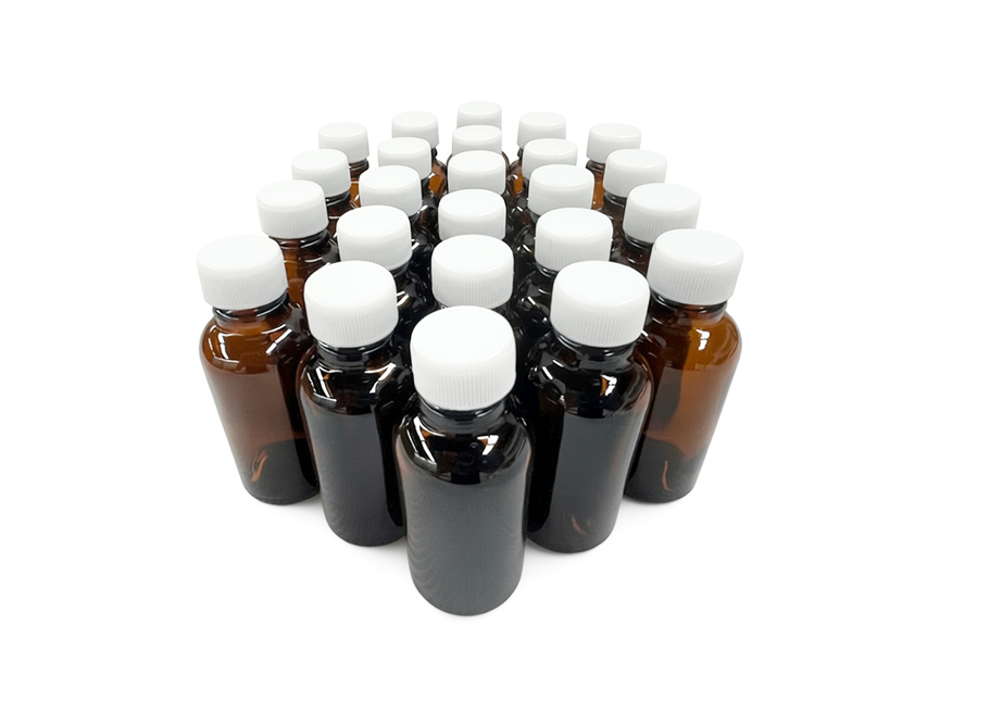 24 frascos multiusos 30ml. ámbar / 24 taparosca 18 polipropileno color blancas