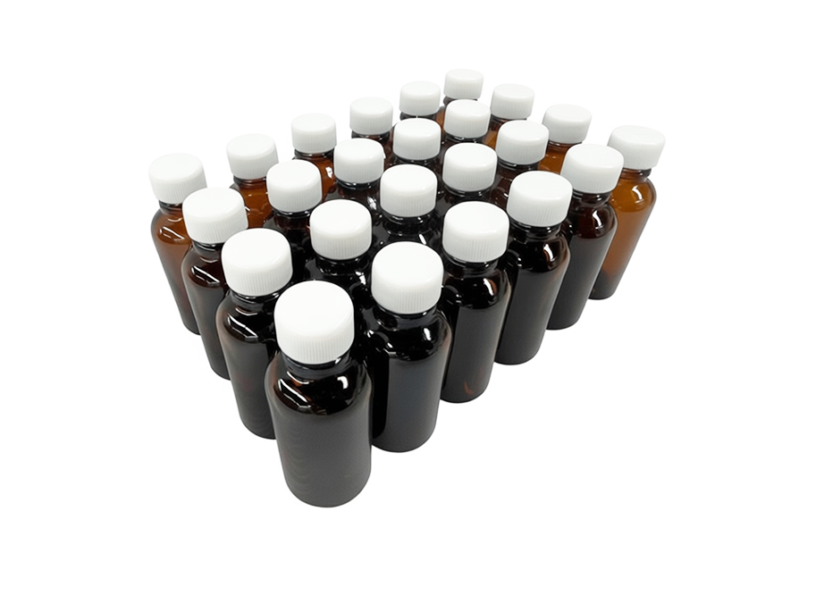 24 frascos multiusos 30ml. ámbar / 24 taparosca 18 polipropileno color blancas