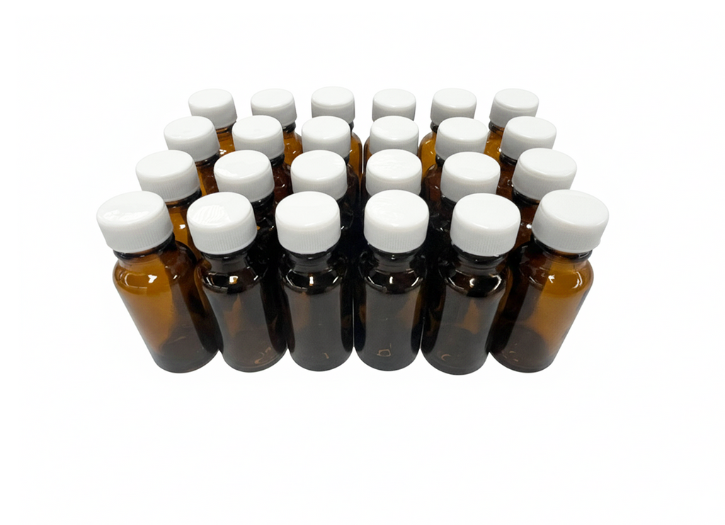 24 frascos multiusos 20ml. ámbar / 24 tapa roscas polipropileno color blanco