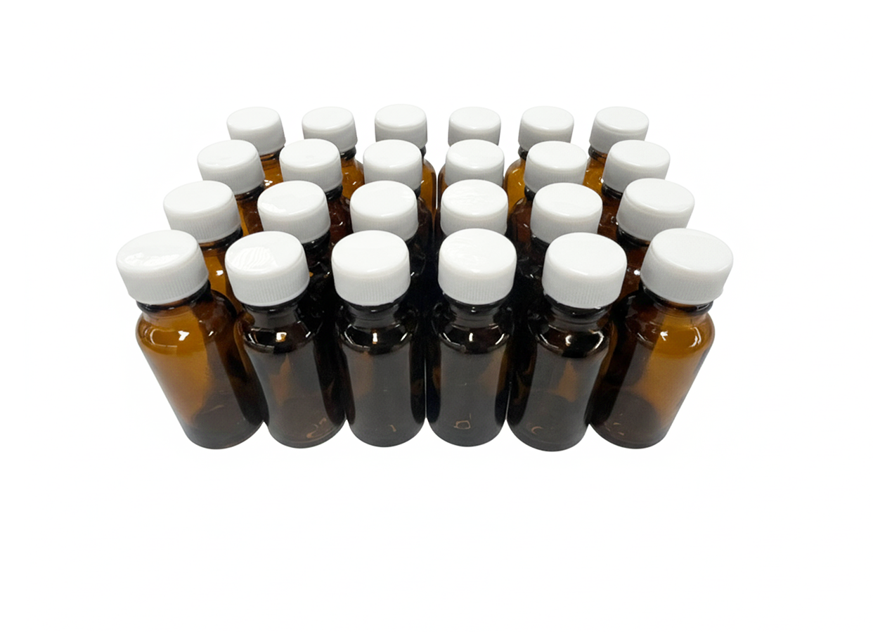 24 frascos multiusos 20ml. ámbar / 24 tapa roscas polipropileno color blanco