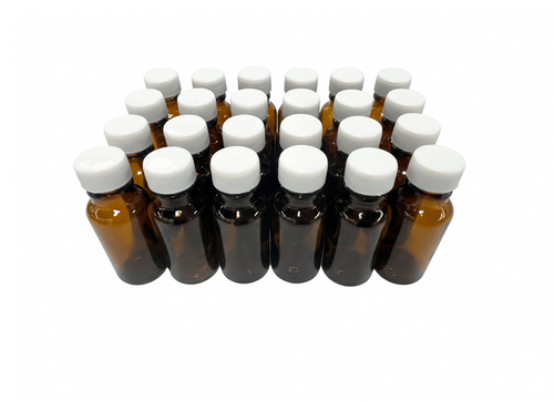 24 frascos multiusos 20ml. ámbar / 24 tapa roscas polipropileno color blanco