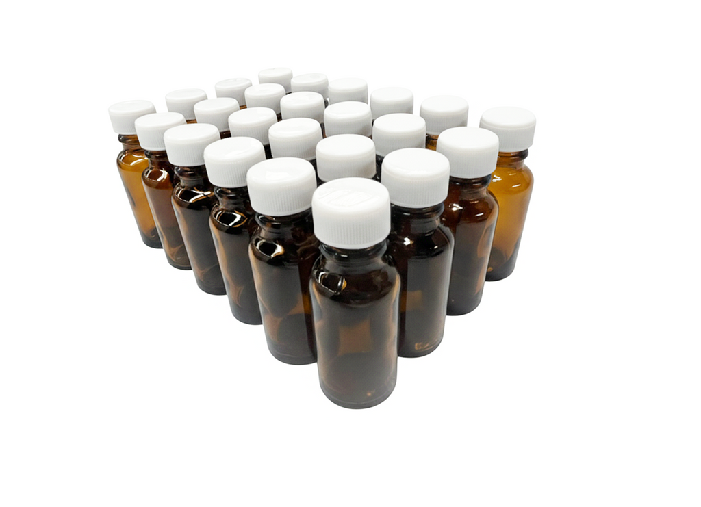 24 frascos multiusos 20ml. ámbar / 24 tapa roscas polipropileno color blanco