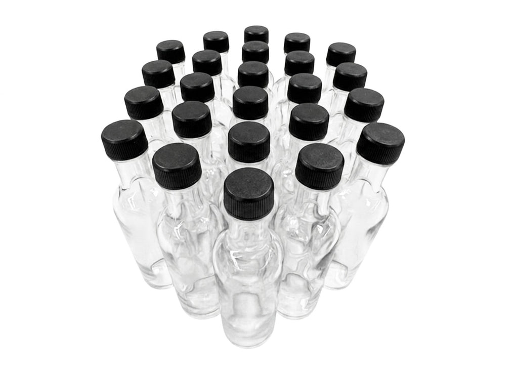 Mini licorera Redonda 50 ml tapa plástica negra , Set de 24 piezas