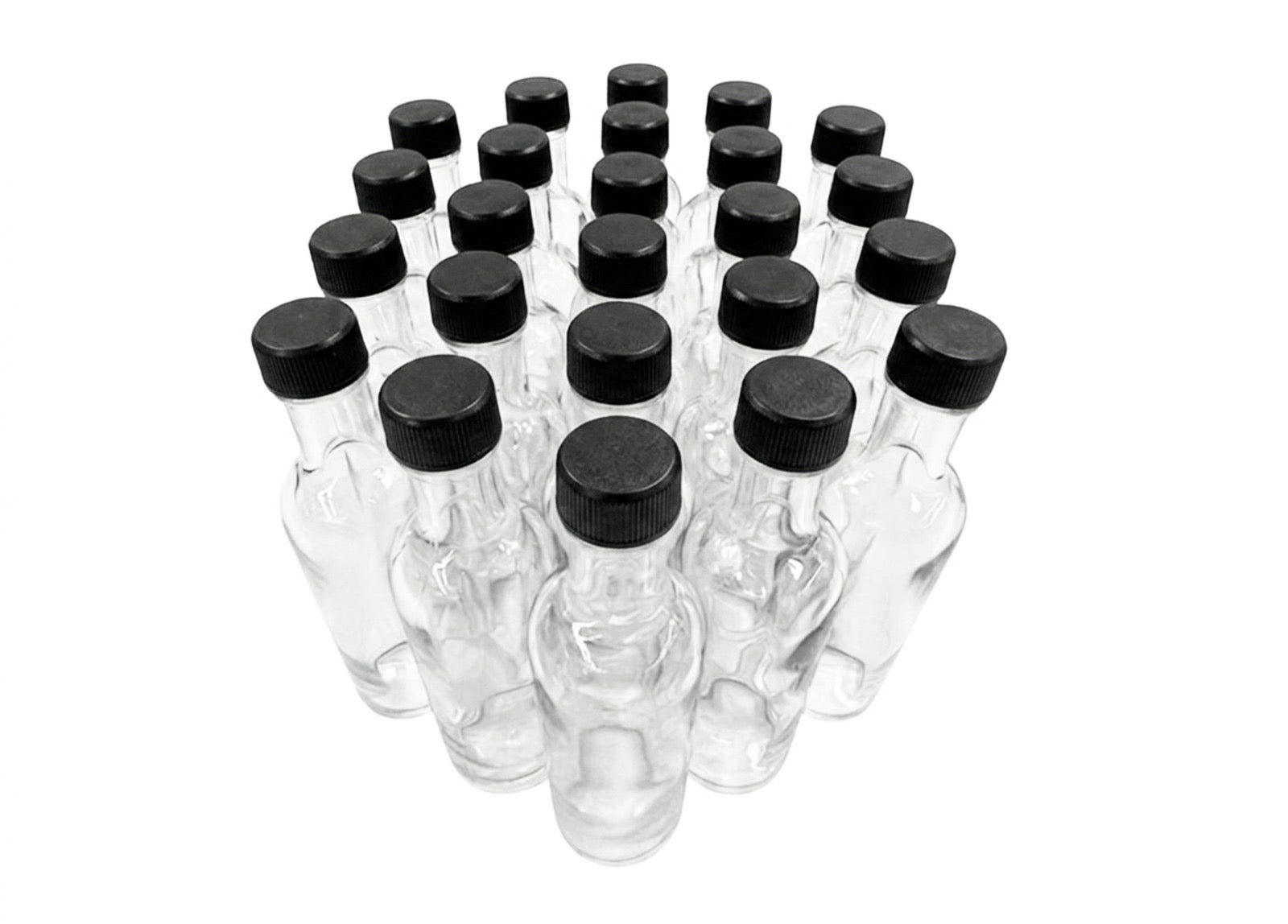 Mini licorera Redonda 50 ml tapa plástica negra , Set de 24 piezas