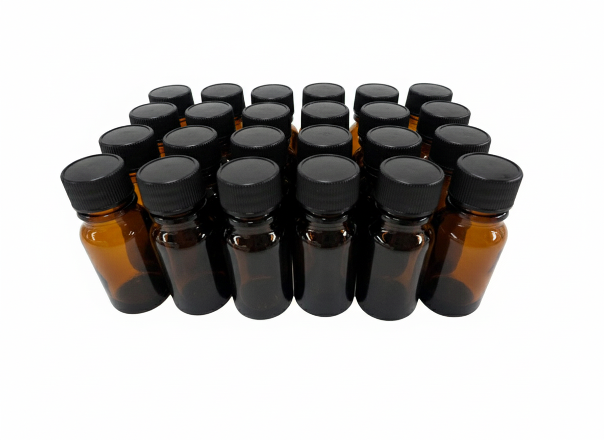 Set de 24 pzs. del frasco multiusos ámbar tipo dropper 5ml. / tapa rosca polipropileno color negra
