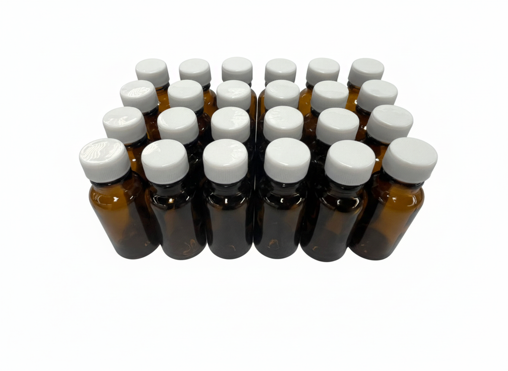 Practico set de 24 frascos multiusos de 15ml. ámar / con 24 tapa roscas 18 polipropileno blancas