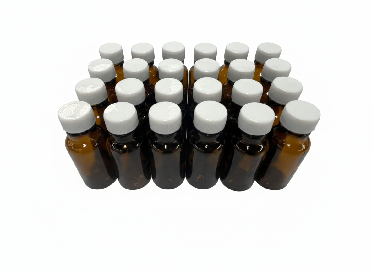 Practico set de 24 frascos multiusos de 15ml. ámar / con 24 tapa roscas 18 polipropileno blancas