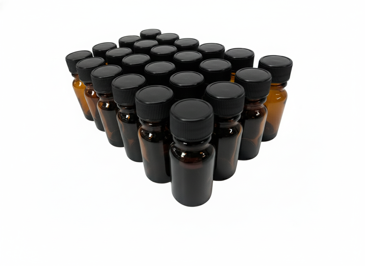 Set de 24 pzs. del frasco multiusos ámbar tipo dropper 5ml. / tapa rosca polipropileno color negra