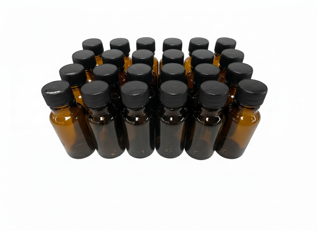 Set de 24 frascos multiusos 15ml. ámbar / con 24 tapa roscas de color negro polipropileno