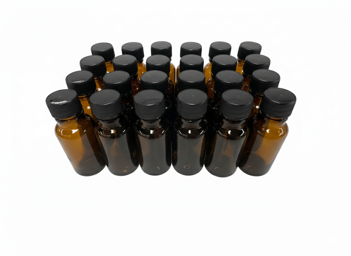 Set de 24 frascos multiusos 15ml. ámbar / con 24 tapa roscas de color negro polipropileno