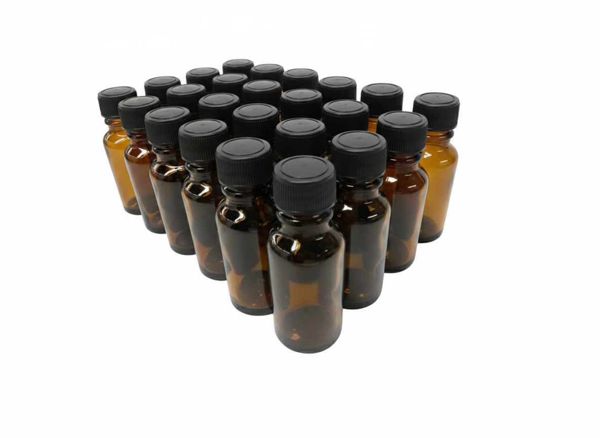 Set de 24 frascos multiusos 15ml. ámbar / con 24 tapa roscas de color negro polipropileno