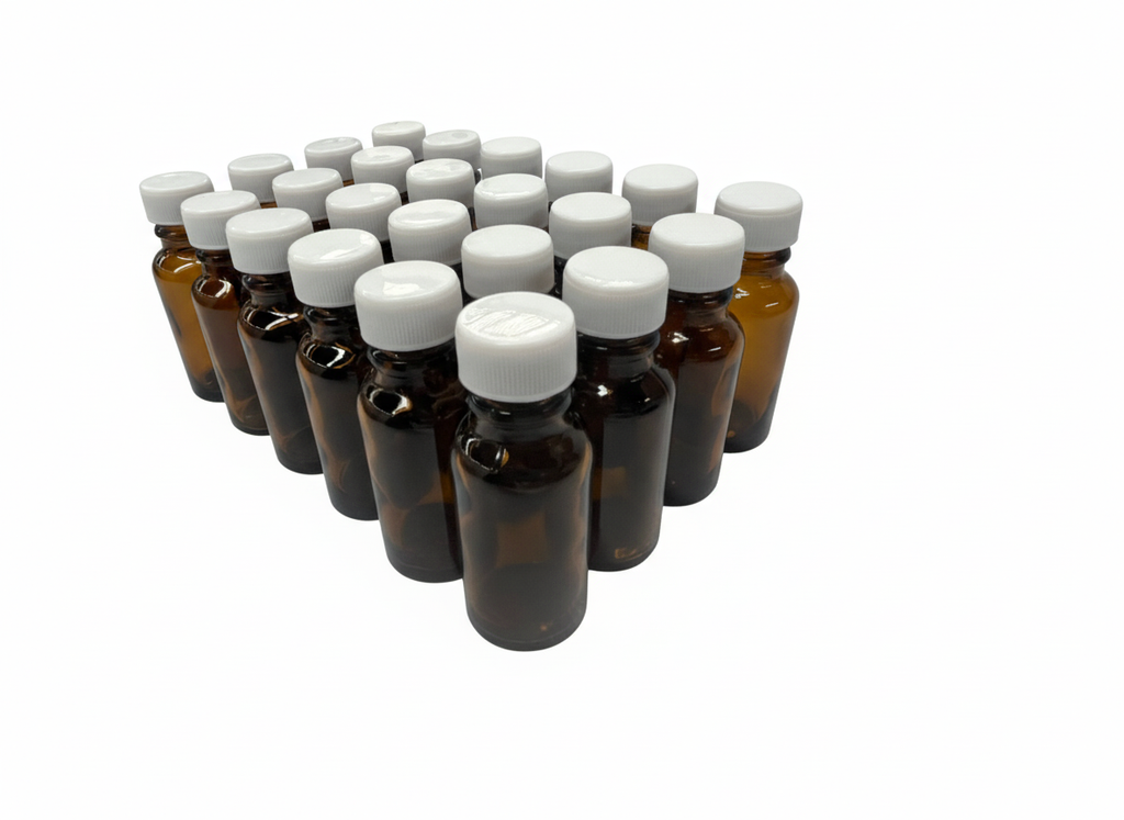 Practico set de 24 frascos multiusos de 15ml. ámar / con 24 tapa roscas 18 polipropileno blancas