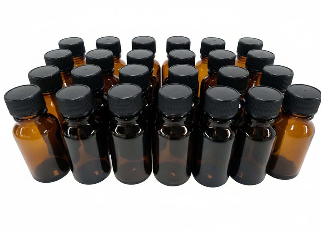 24 Frascos multiusos de 10ml. ámbar / con 24 tapa roscas de polipropileno color negro
