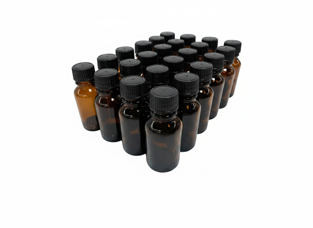 24 Frascos multiusos de 10ml. ámbar / con 24 tapa roscas de polipropileno color negro