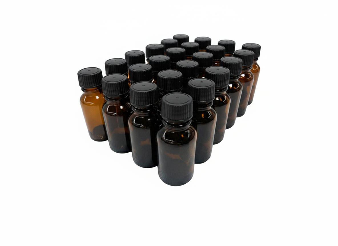 24 Frascos multiusos de 10ml. ámbar / con 24 tapa roscas de polipropileno color negro
