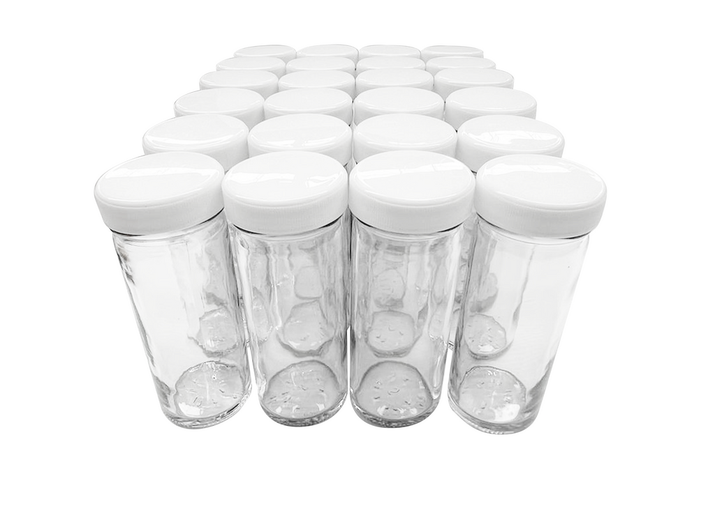 Set de 24 tarros cilíndricos especieros de 125ml. / con 24 taparroscas polipropileno 48 color blancas
