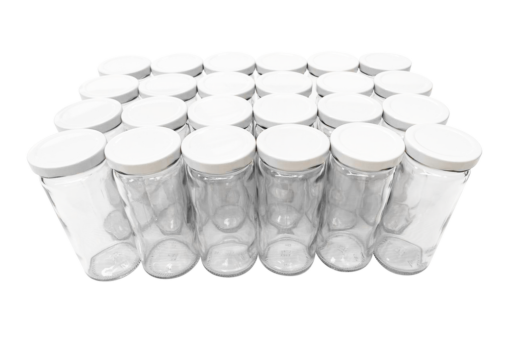 Set de 24 tarros cilíndricos 253ml. // con 24 tapas de torsión no.58 color blancas
