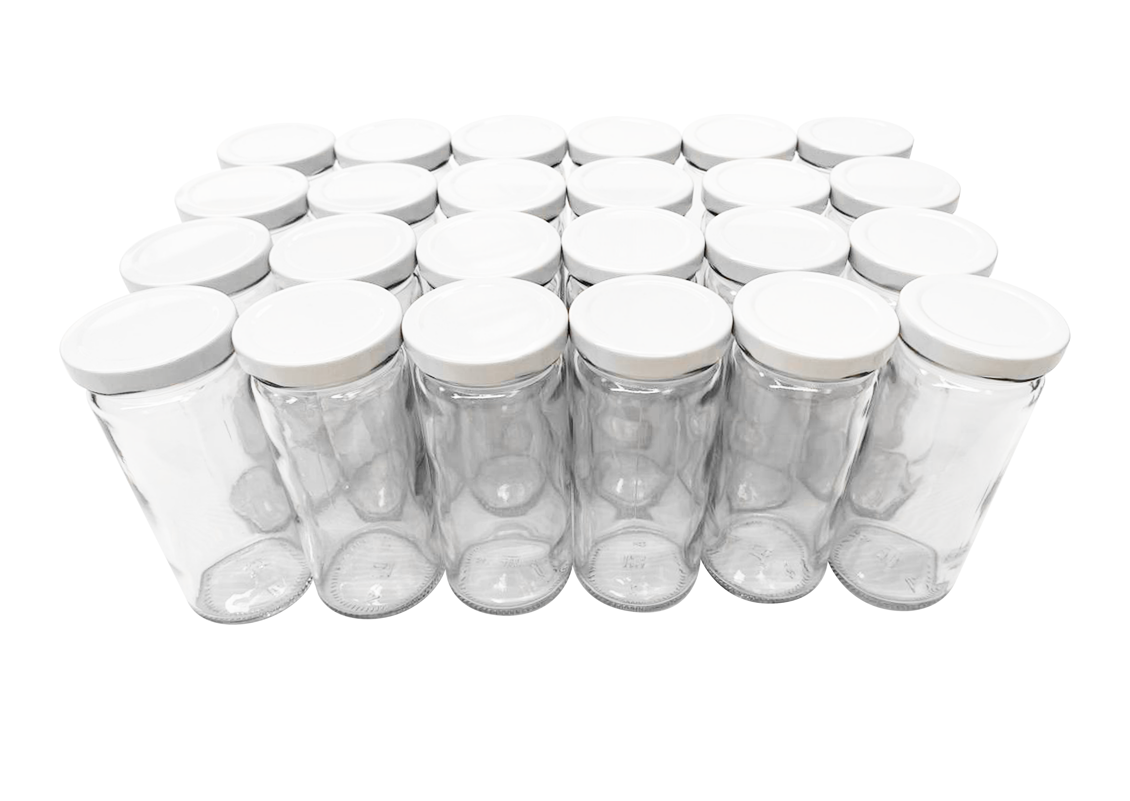Set de 24 tarros cilíndricos 253ml. // con 24 tapas de torsión no.58 color blancas