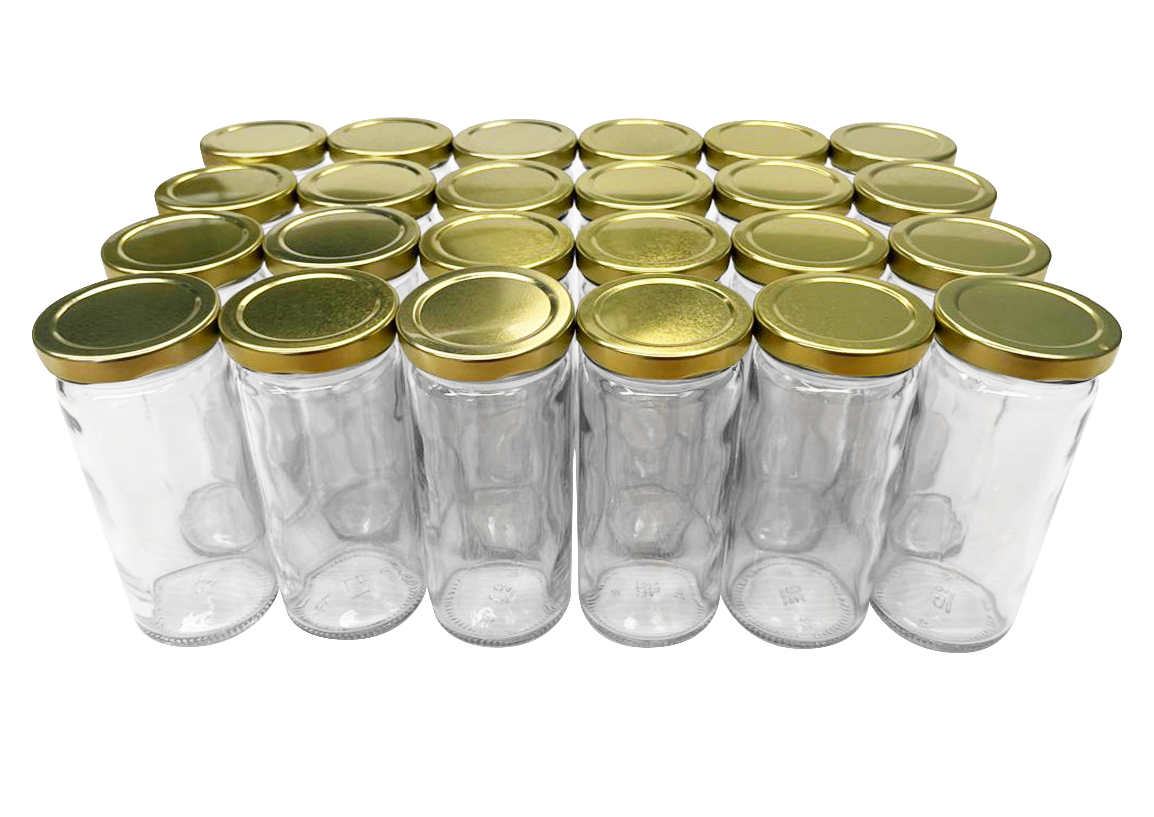 24 piezas del tarro 253ml.  / con 24 tapas tipo torsión T.O. corona No. 58 de lámina gold