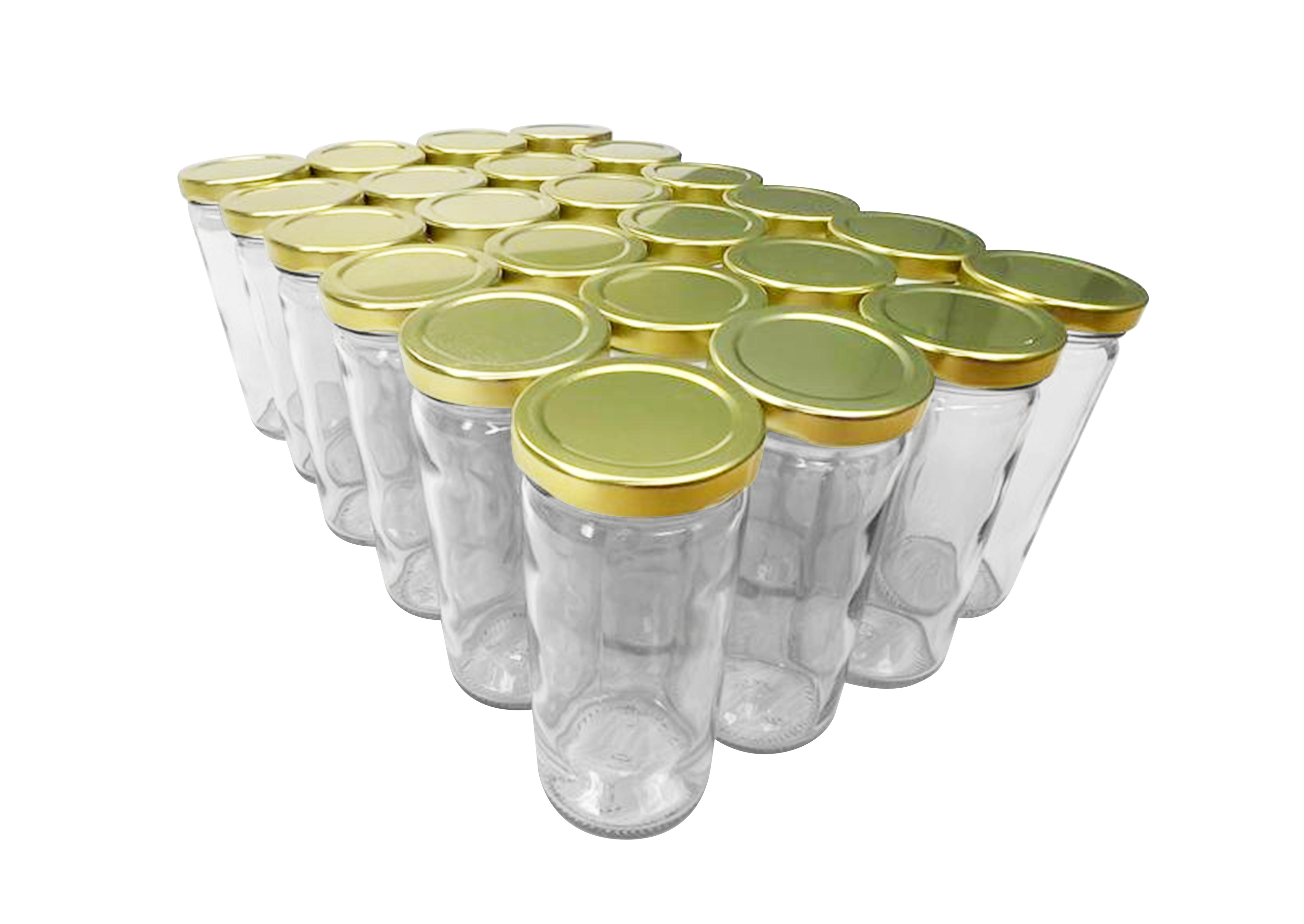 24 piezas del tarro 253ml.  / con 24 tapas tipo torsión T.O. corona No. 58 de lámina gold