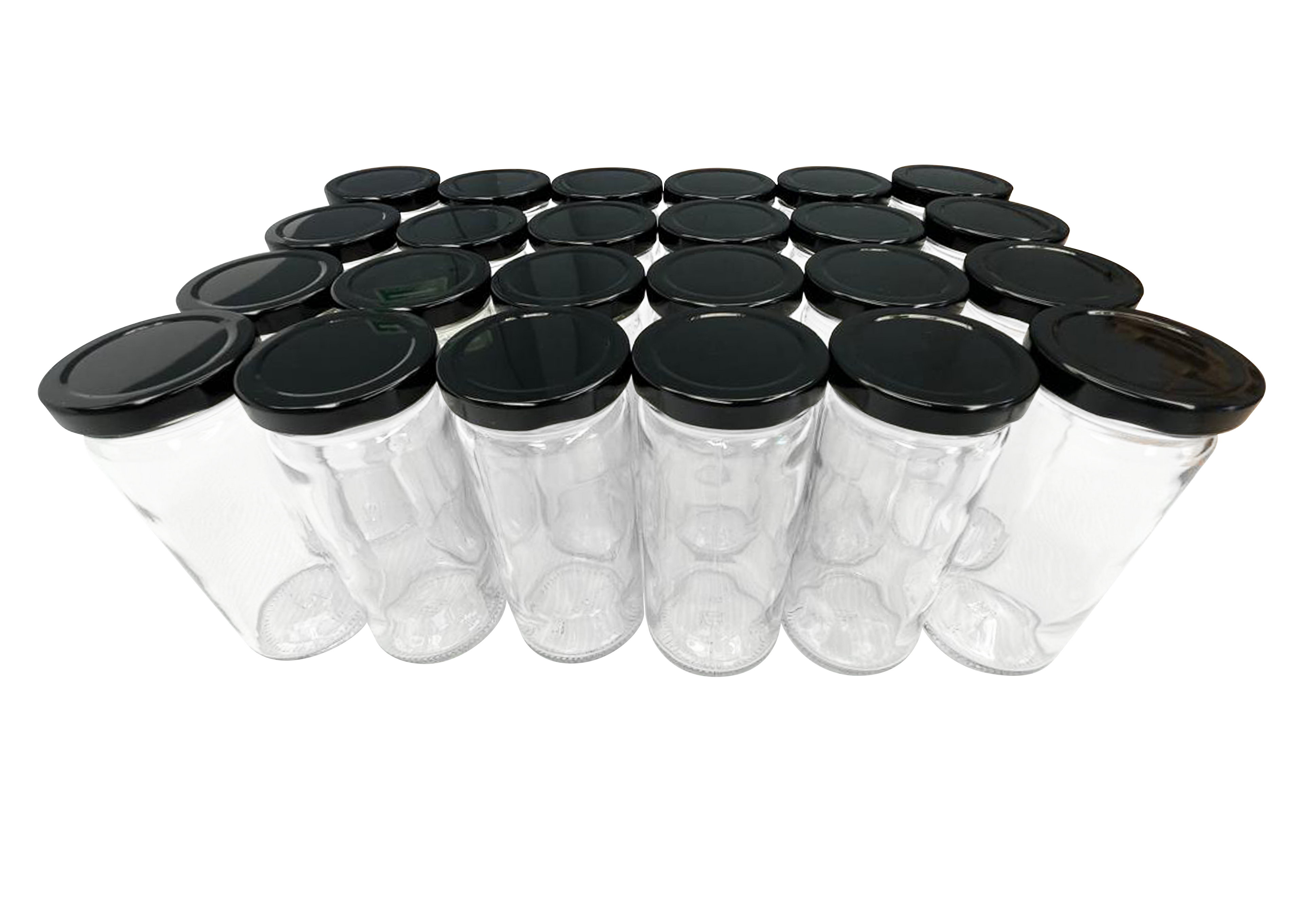 Set de 24 tarros cilíndricos 253ml. // con 24 tapas color negras twist off tono negras