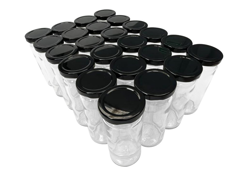 Set de 24 tarros cilíndricos 253ml. // con 24 tapas color negras twist off tono negras