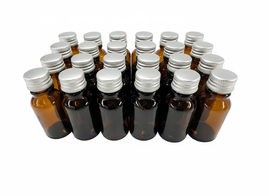 Set de 24 frascos multiusos 15ml. ámbar / con 24 tapa roscas 18 de aluminio color plata (silver)