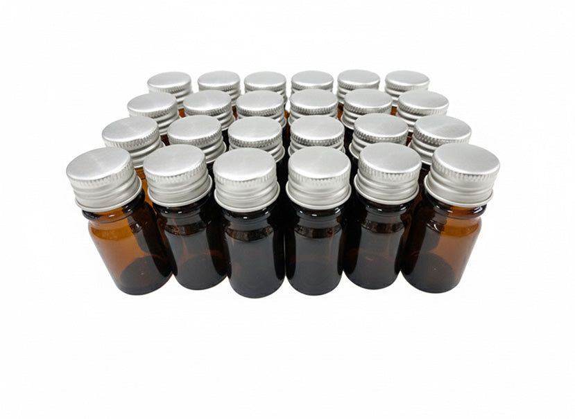 Set por 24 piezas del frasco multiusos de 5ml. ámbar tipo dopper / tapa rosca 18 de aluminio