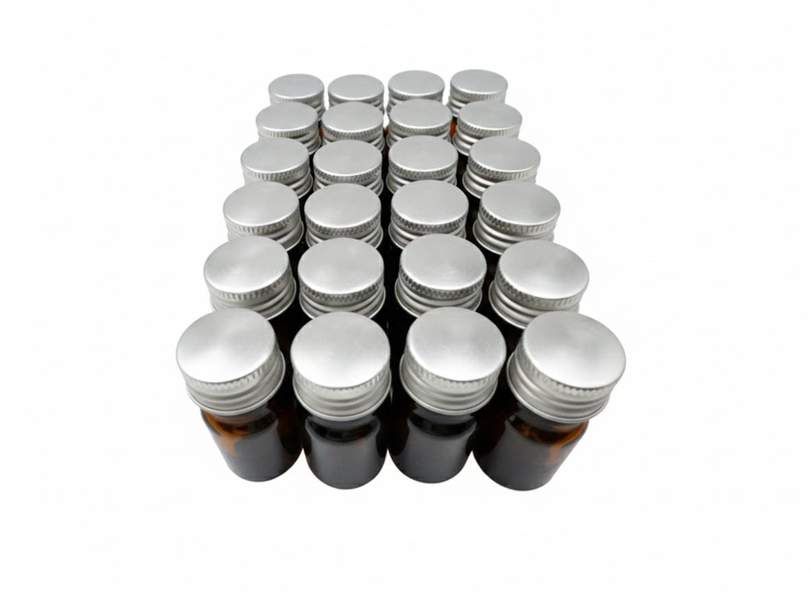 Set por 24 piezas del frasco multiusos de 5ml. ámbar tipo dopper / tapa rosca 18 de aluminio