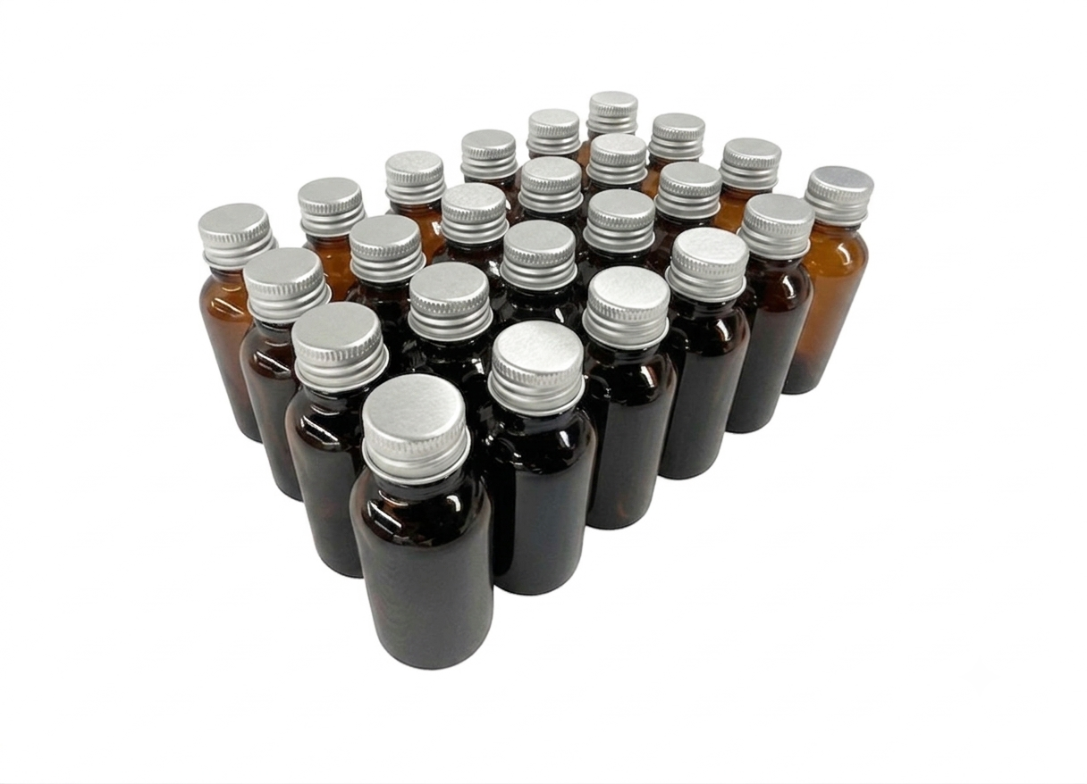 24 frascos multiusos 30ml. ámbar / 24 tapas de aluminio rosca 18