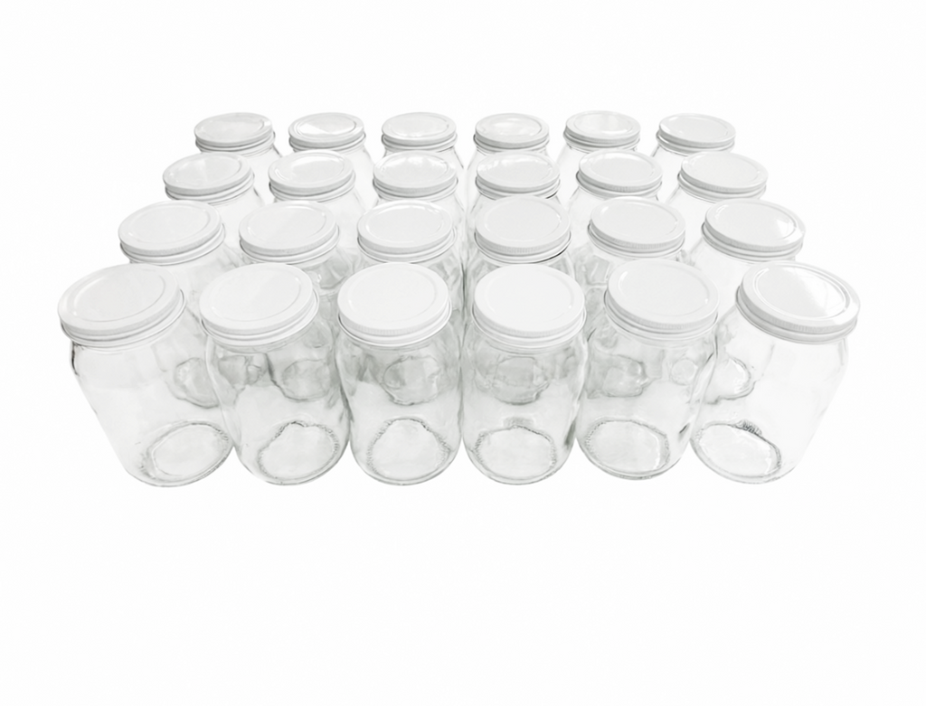 Set completo de 24 tarros con 460ml. de capacidad // con 24 tapas de la rosca 63 STD lámina